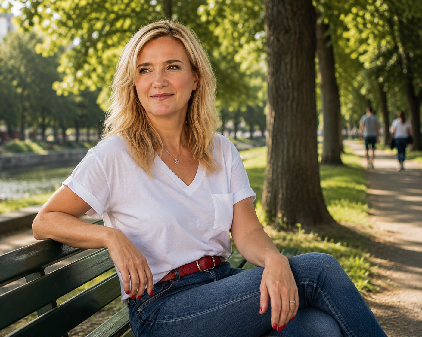 Simona Manoiu – Coaching und Psychotherapie – Porträt auf einer Parkbank im Grünen