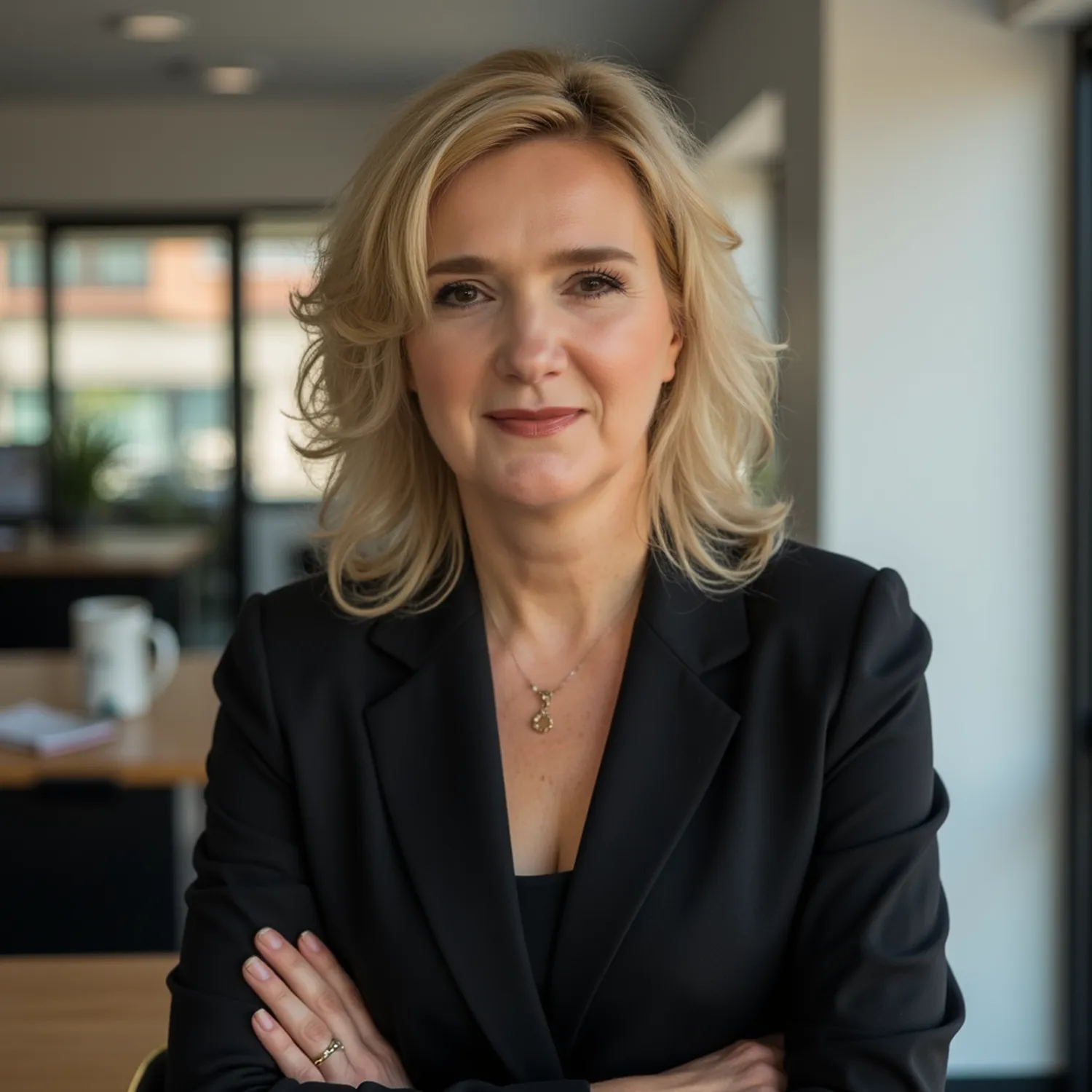 Simona Manoiu mit verschränkten Armen in einem Büro